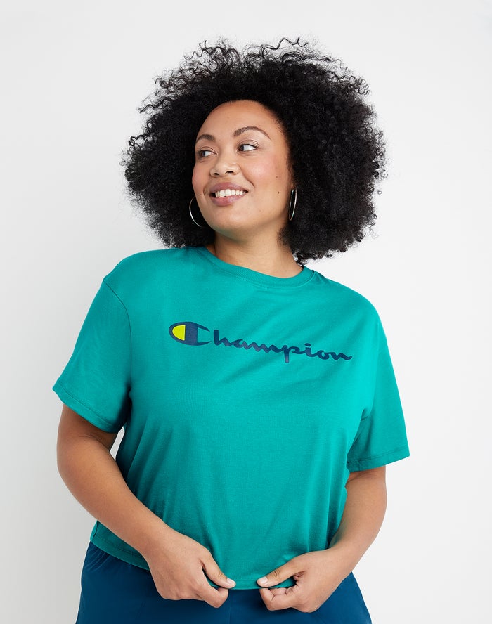 Champion T-Shirt Dames - Turquoise - Plus Cropped Script C Logo ( 394275-YBH )